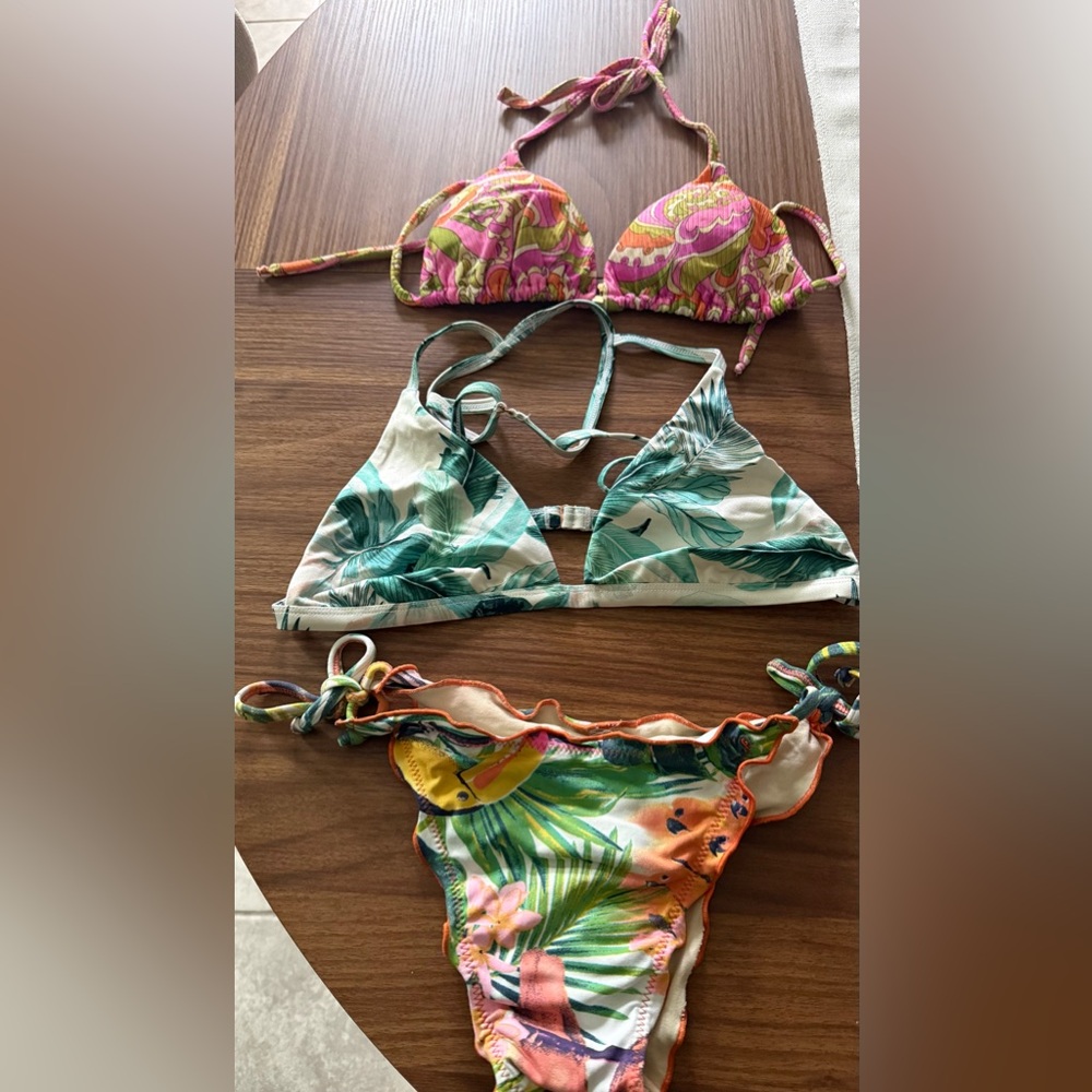 Tropical Leaf Print Triangle Bikini Top - Green & Cream